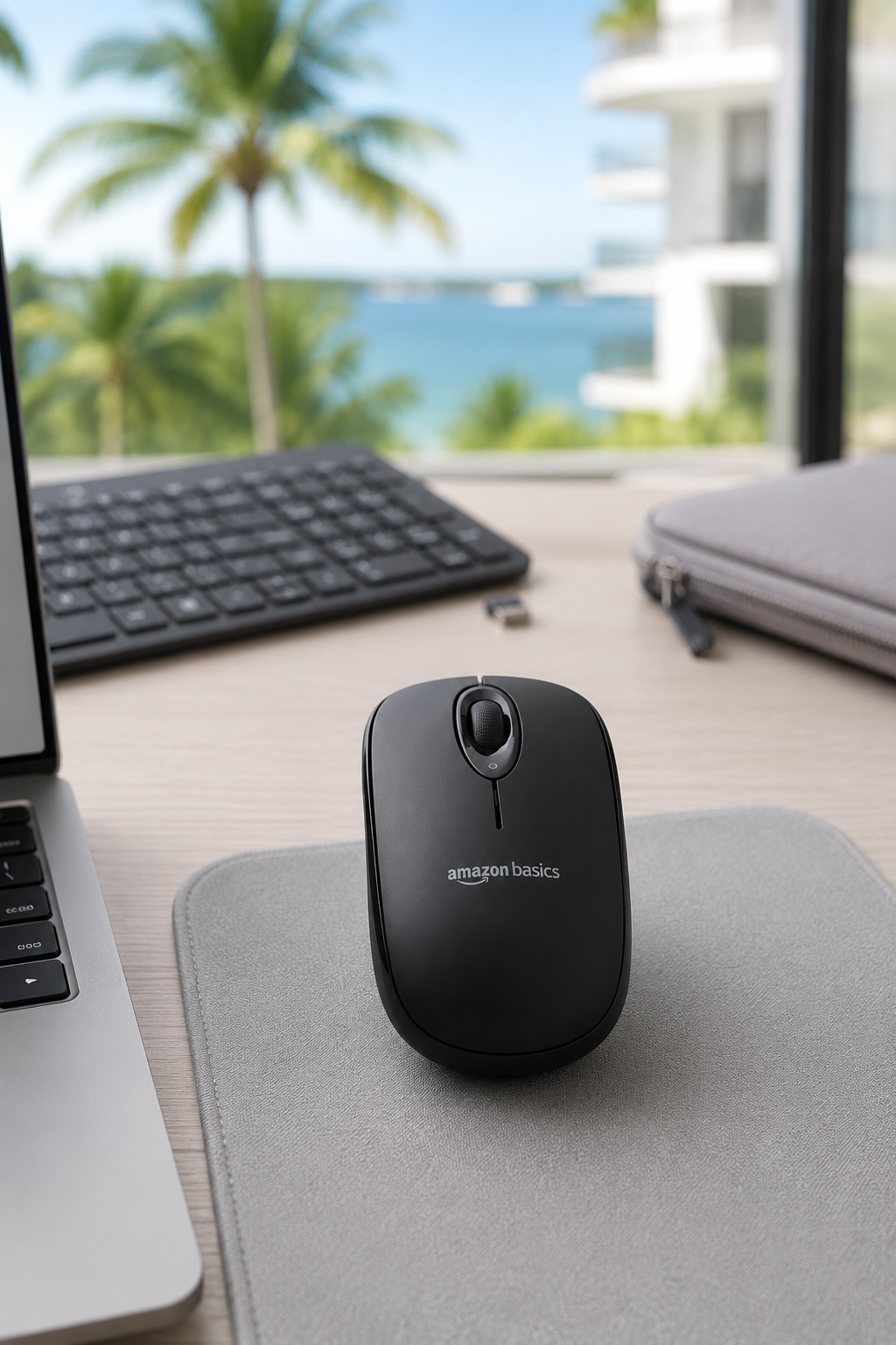 Amazon Basics wireless mouse in sharp focus resting on a mousepad Amazon Basics wireless mouse in sharp focus resting on a mousepad