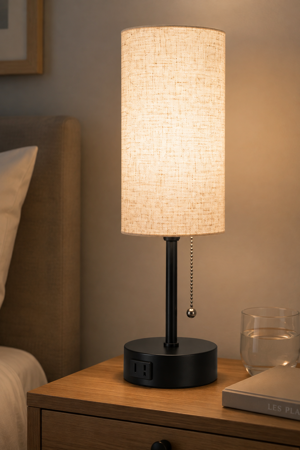 Close-up the bedside table lamp with black-base, linen-colored fabric shade, on a small nightstand Close-up the bedside table lamp with black-base, linen-colored fabric shade, on a small nightstand