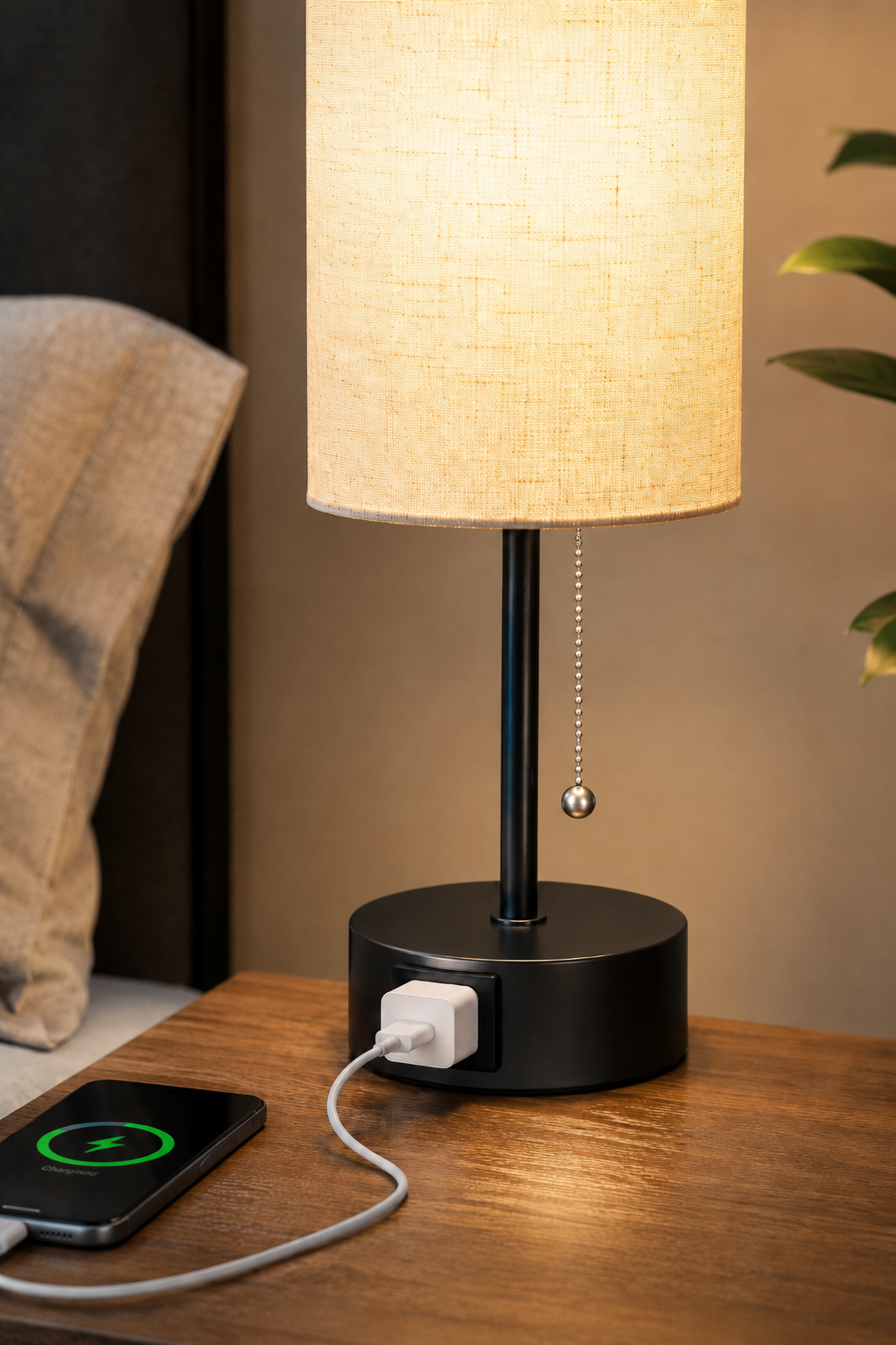 Bedside table lamp close up of base to showcase AC outlet Bedside table lamp close up of base to showcase AC outlet