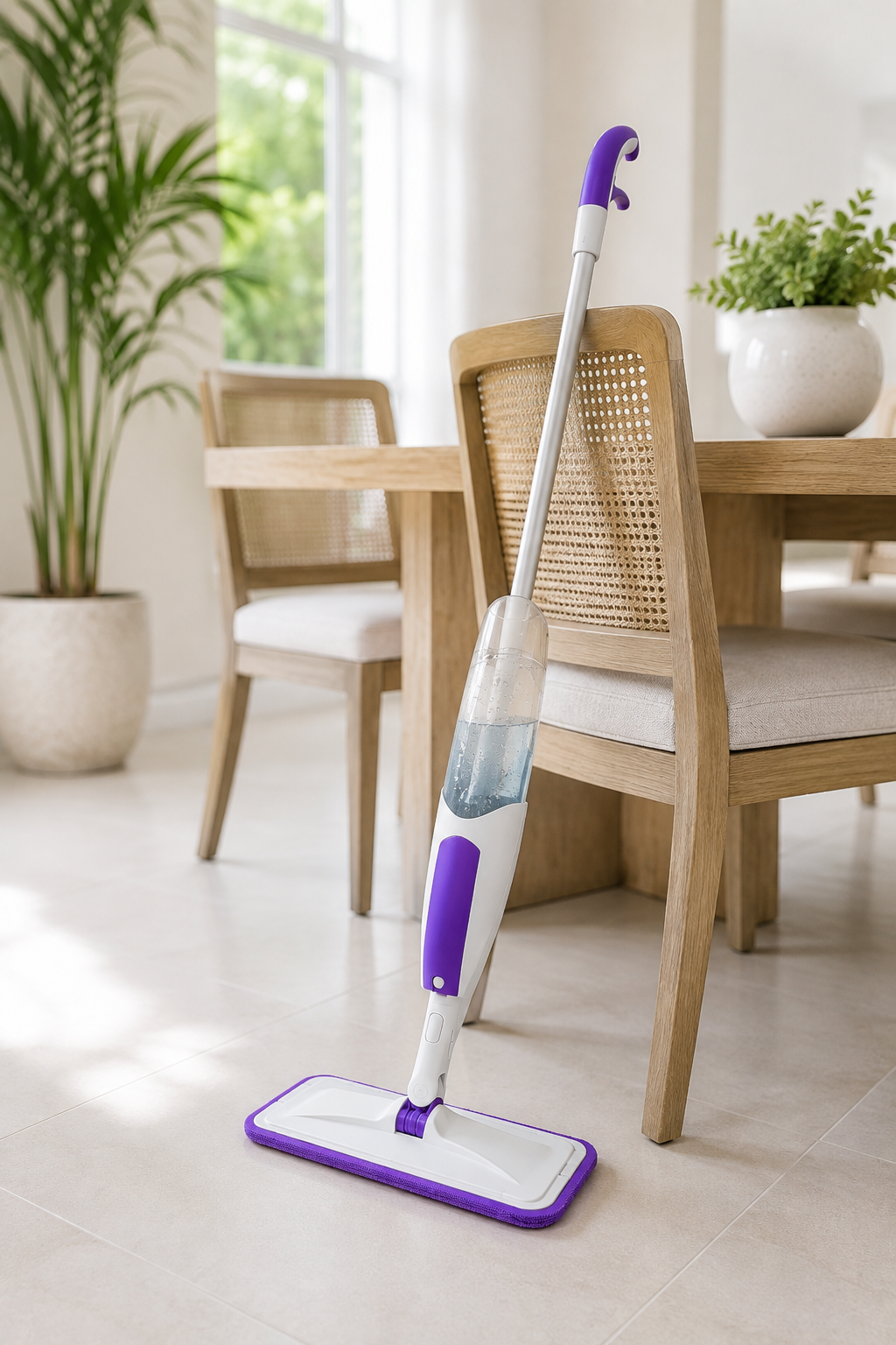 The microfiber spray mop with its refillable tank standing upright on a clean tile floor