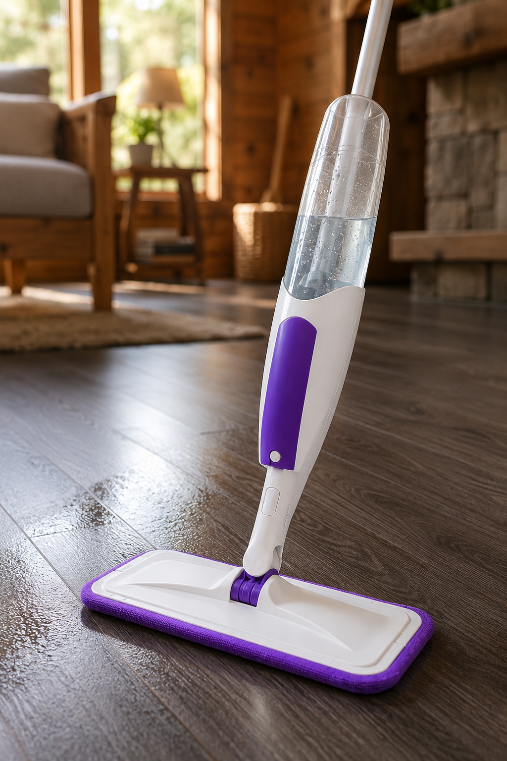 The microfiber mop head close up on a laminate wood floor