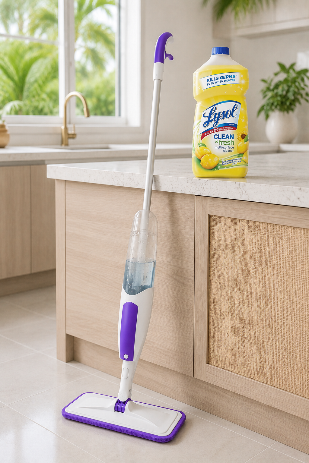 The microfiber spray mop leaning against a counter with a bottle of Lysol next to it. 