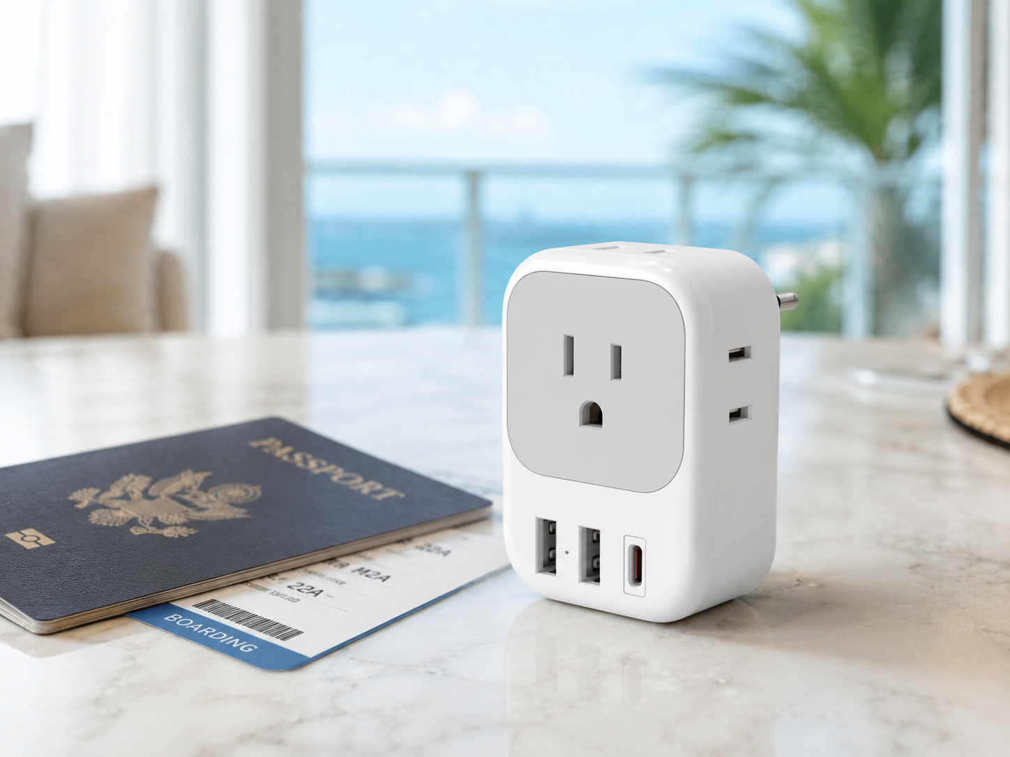 The white TESSAN European travel plug adapter with visible AC outlets and USB ports The white TESSAN European travel plug adapter with visible AC outlets and USB ports