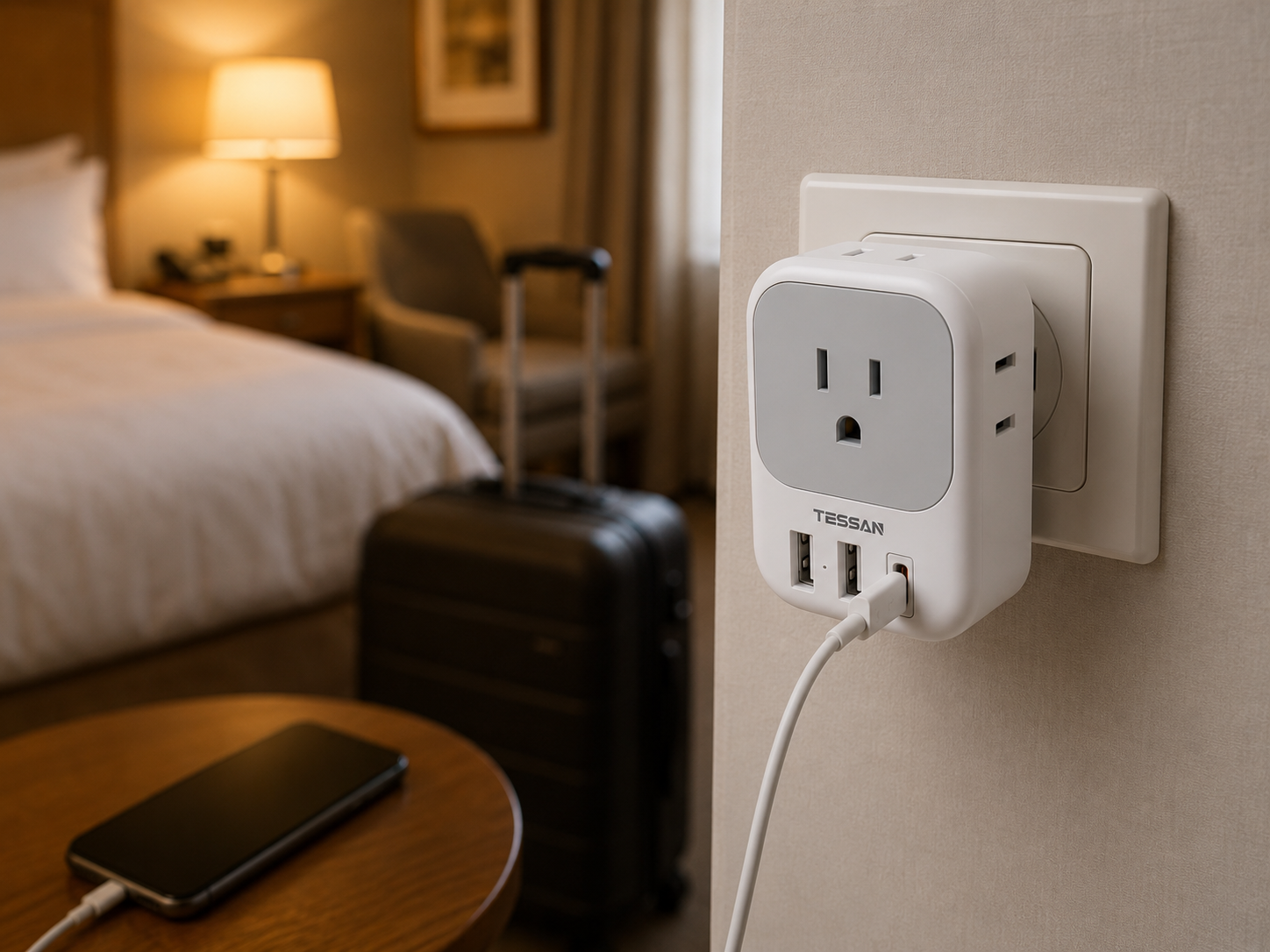 The adapter plugged into a European wall outlet with a phone charging cable connected to one of the USB ports The adapter plugged into a European wall outlet with a phone charging cable connected to one of the USB ports
