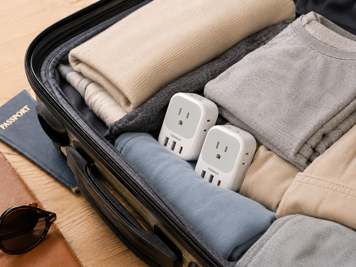 Two adapters packed neatly into a suitcase alongside folded clothing Two adapters packed neatly into a suitcase alongside folded clothing