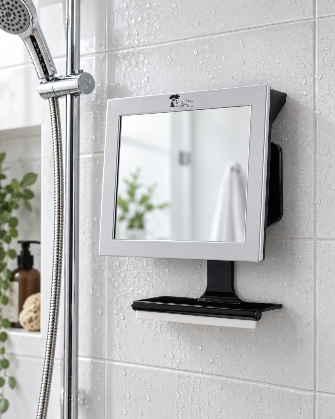 ToiletTree Fogless Shower Mirror with squeegee mounted on tiled shower wall ToiletTree Fogless Shower Mirror with squeegee mounted on tiled shower wall