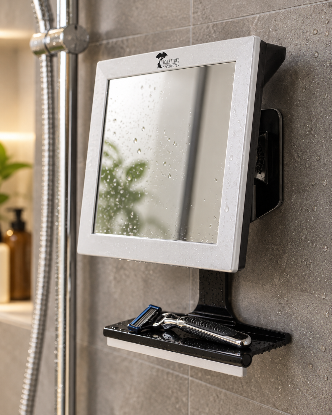 ToiletTree Fogless Shower Mirror secured to tile wall ToiletTree Fogless Shower Mirror secured to tile wall