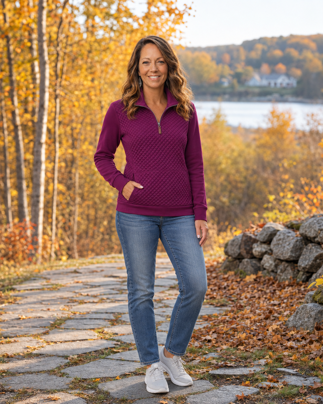 Quarter Zip Quilted Pullover Sweatshirt on a dark headed female in the fall, styled with jeans Quarter Zip Quilted Pullover Sweatshirt on a dark headed female in the fall, styled with jeans