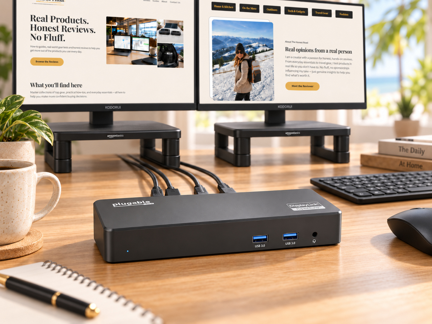 Plugable located on clean desk with HDMI and USB cables connected. Plugable located on clean desk with HDMI and USB cables connected.