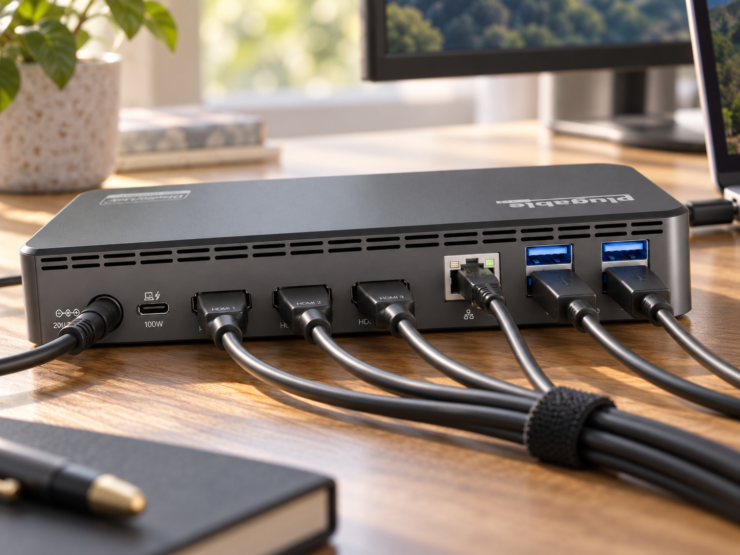 Close up of the Plugable rear ports, highlighting the different cables that it accommodates. Close up of the Plugable rear ports, highlighting the different cables that it accommodates.