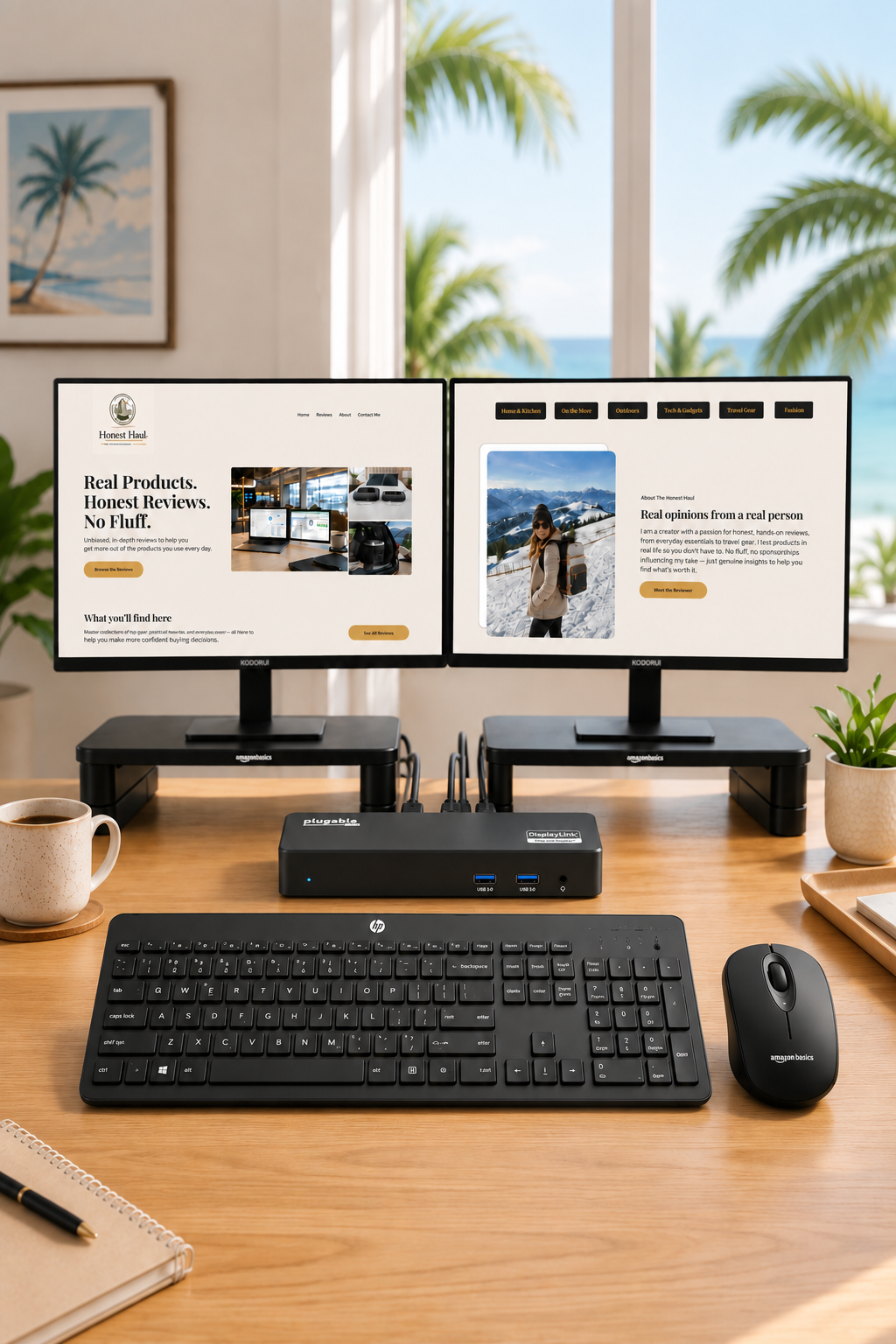Full dual monitor, riser, keyboard, mouse and Plugable Docking Station set up on a desk. Full dual monitor, riser, keyboard, mouse and Plugable Docking Station set up on a desk.