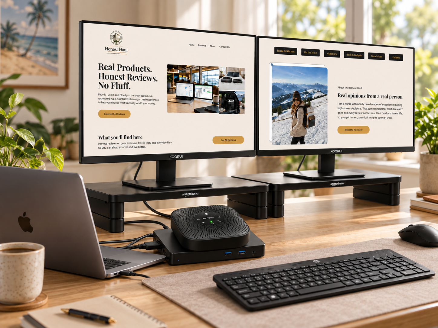Home office with dual monitors on risers, MacBook, docking station and EMEET speaker/microphone Home office with dual monitors on risers, MacBook, docking station and EMEET speaker/microphone