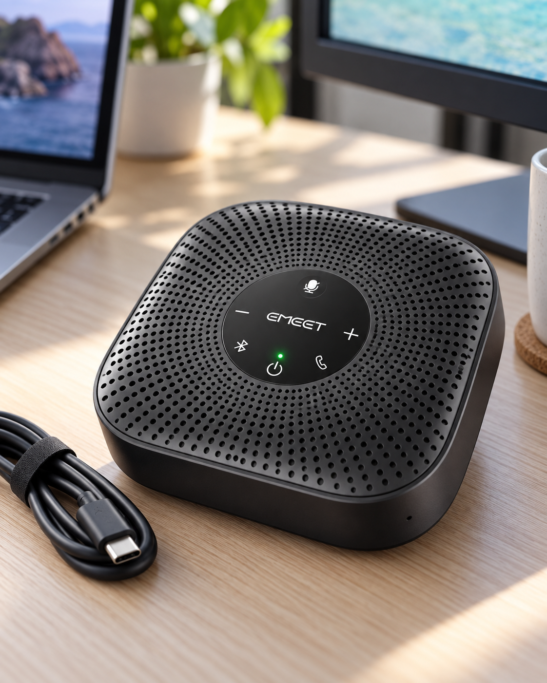 Close up of the EMEET speaker/microphone showing the control face with USB-C cord. Close up of the EMEET speaker/microphone showing the control face with USB-C cord.