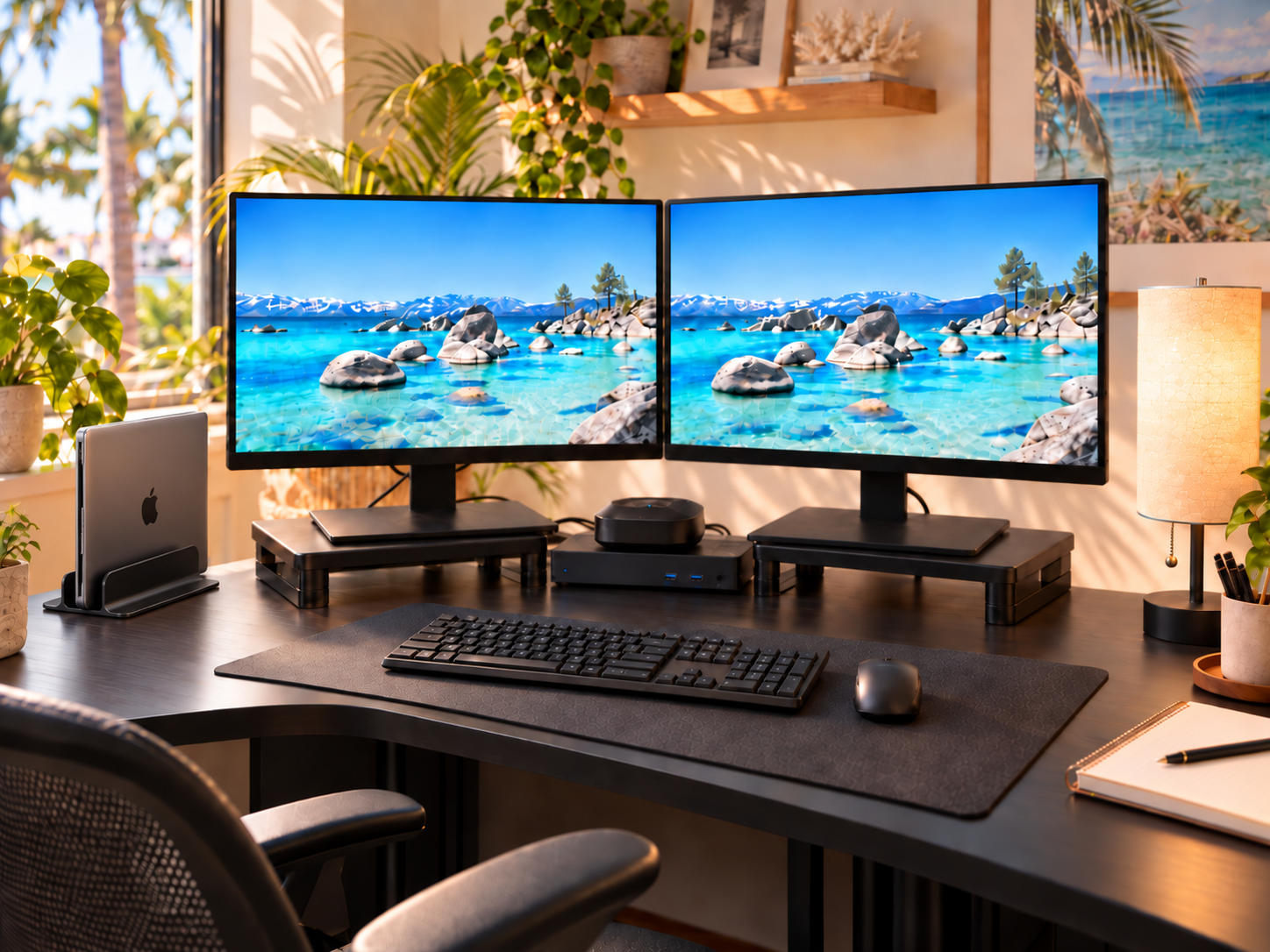 Desk setup with dual KOORUI monitors, risers, docking station, laptop stand, wireless keyboard and mouse, EMEET speakerphone and desk lamp.