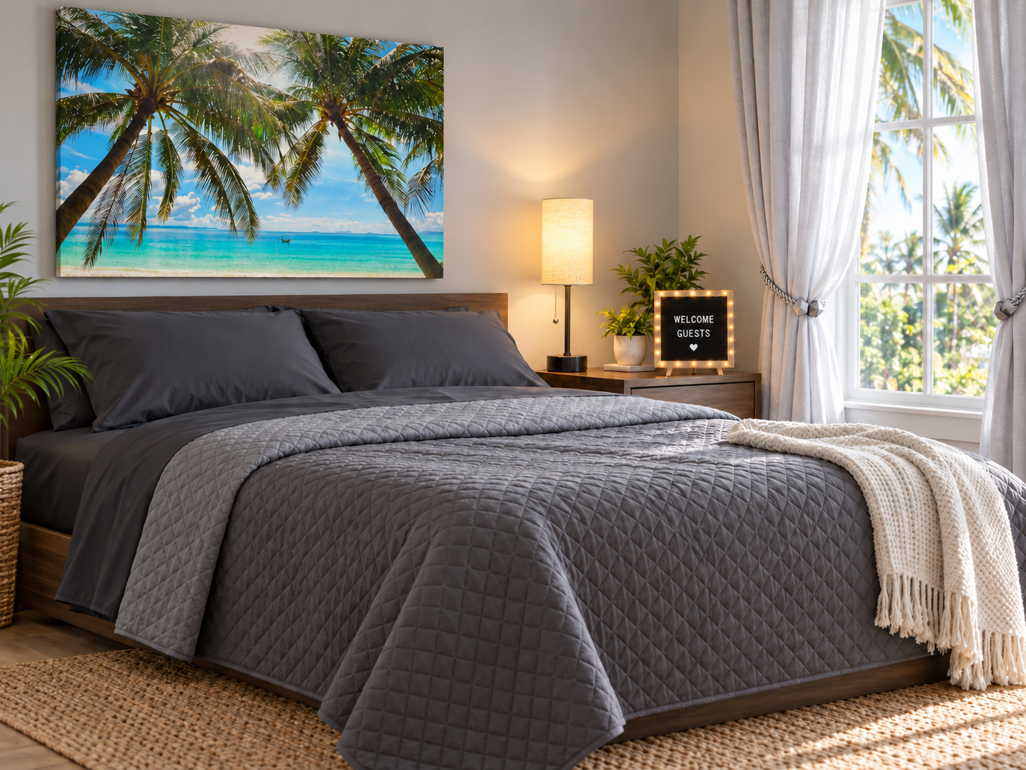 Guest bedroom with soft gray bedding, bedside lamp, illuminated felt letter board, palm tree canvas art and sheer curtains with magnetic tiebacks. Guest bedroom with soft gray bedding, bedside lamp, illuminated felt letter board, palm tree canvas art and sheer curtains with magnetic tiebacks.