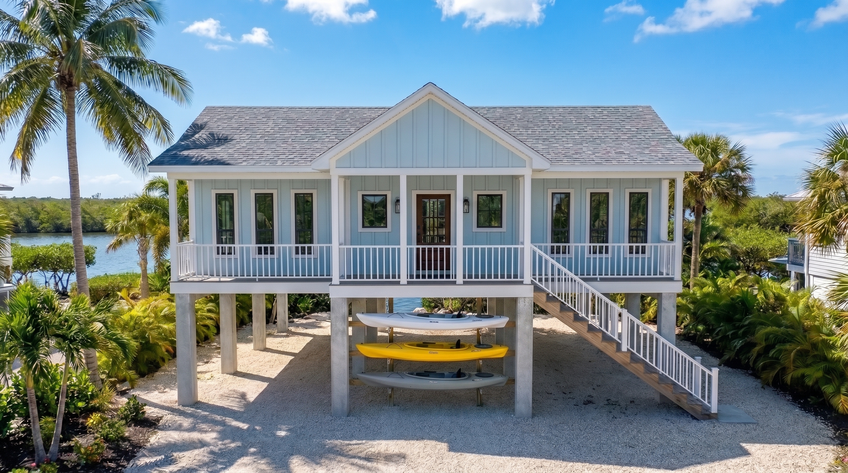 Custom precision-built coastal elevated home with personalized deck and architectural features in Tampa Bay Florida. Custom precision-built coastal elevated home with personalized deck and architectural features in Tampa Bay Florida.