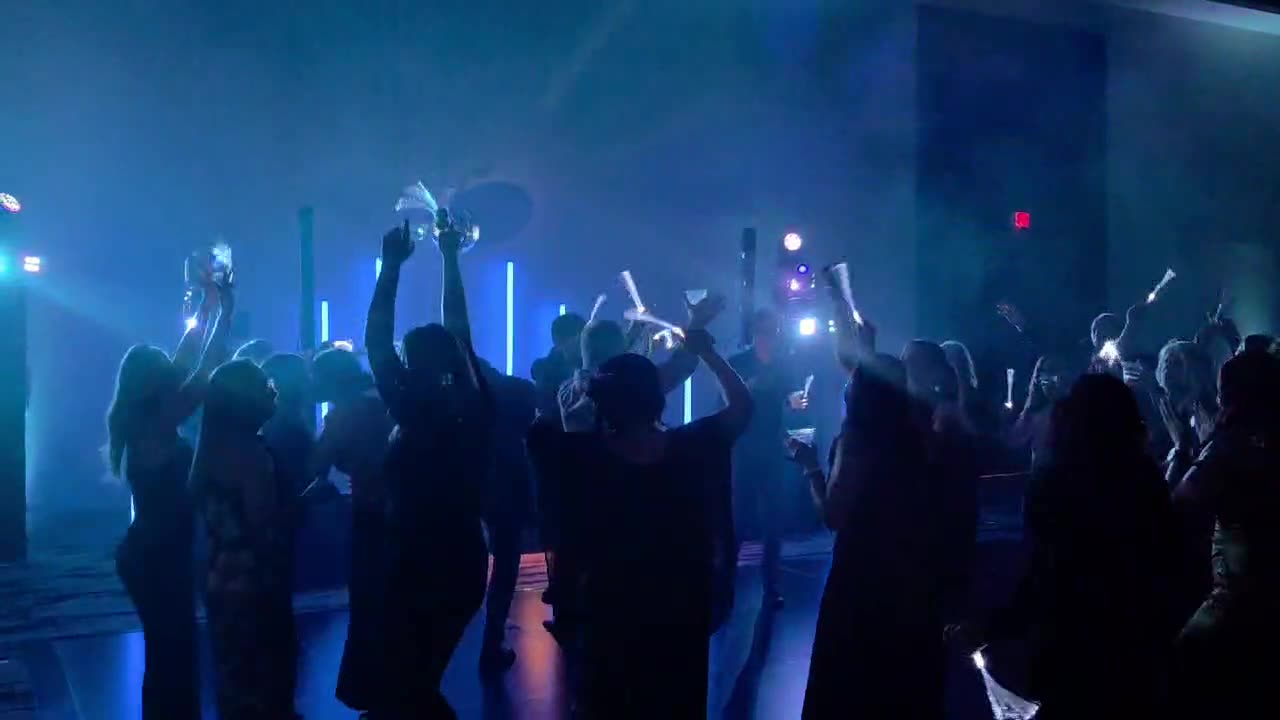 Wedding guests dancing in silhouette under party lighting