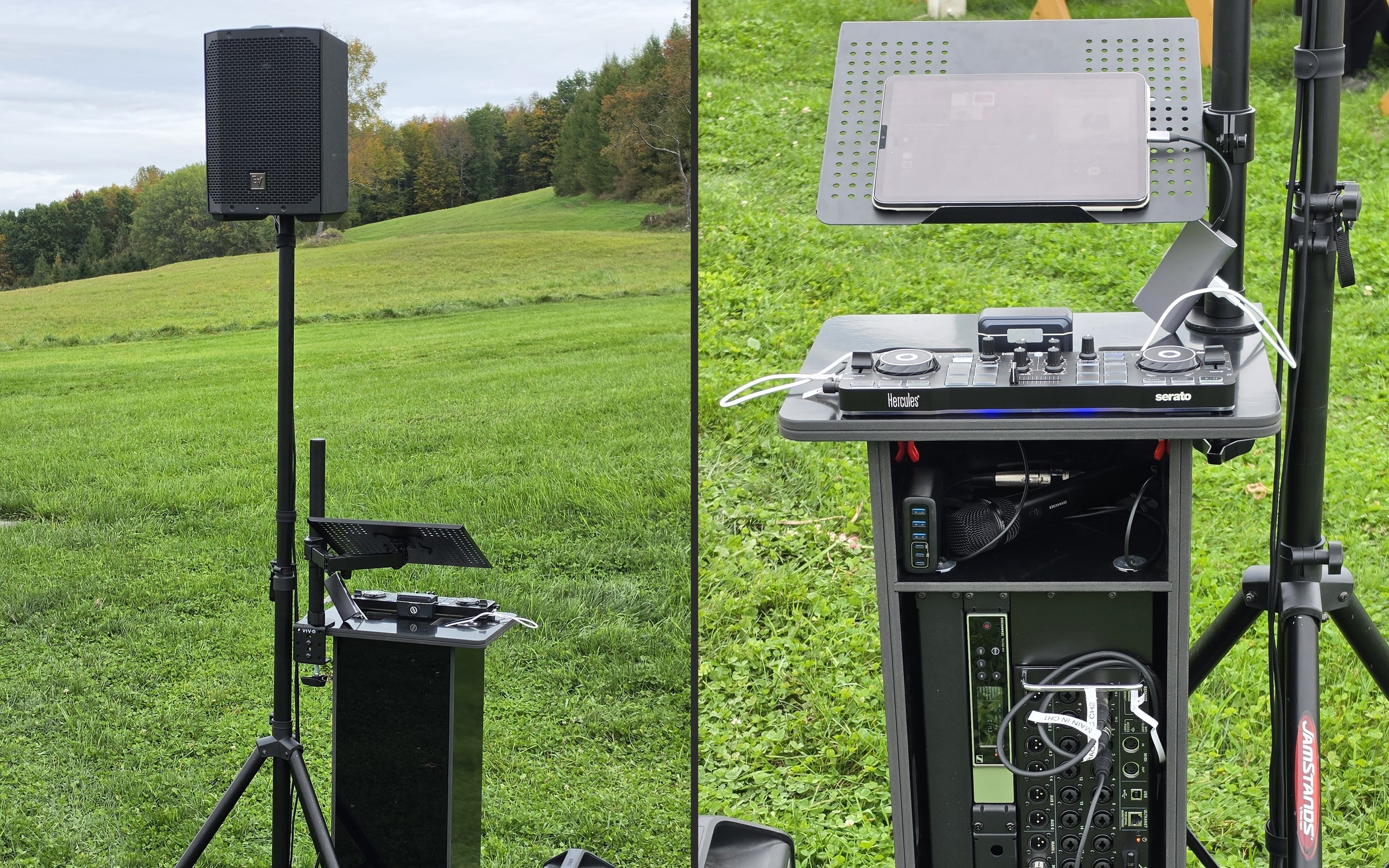 Outdoor wedding ceremony sound system set up and ready