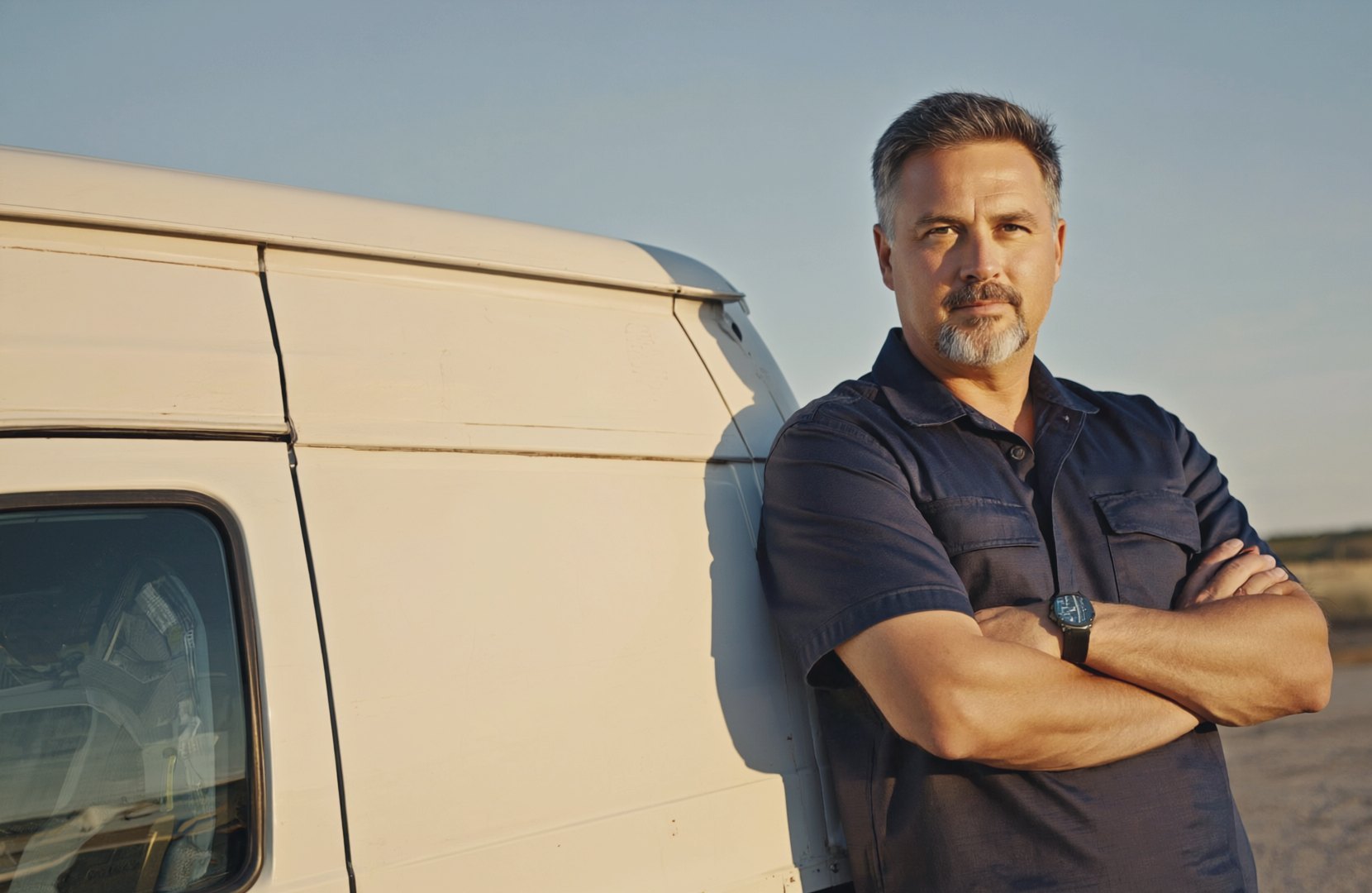 A trades business owner leaning on his work van at sunset
