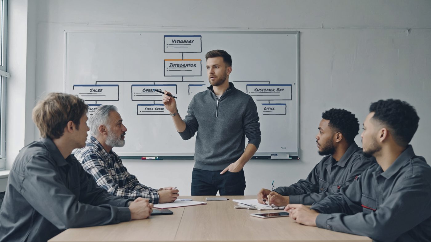 An integrator walking an owner and his team through their accountability chart on a whiteboard