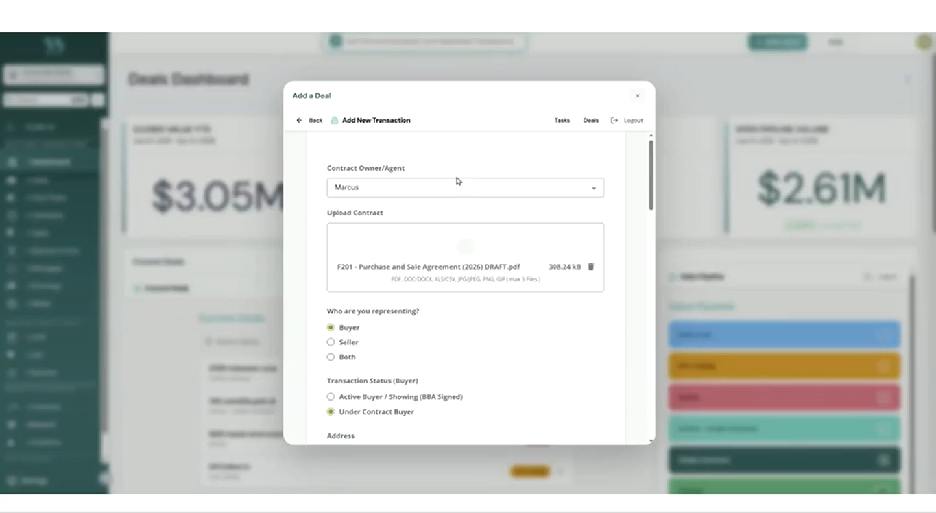 The Deals page showing a pipeline of active transactions by stage