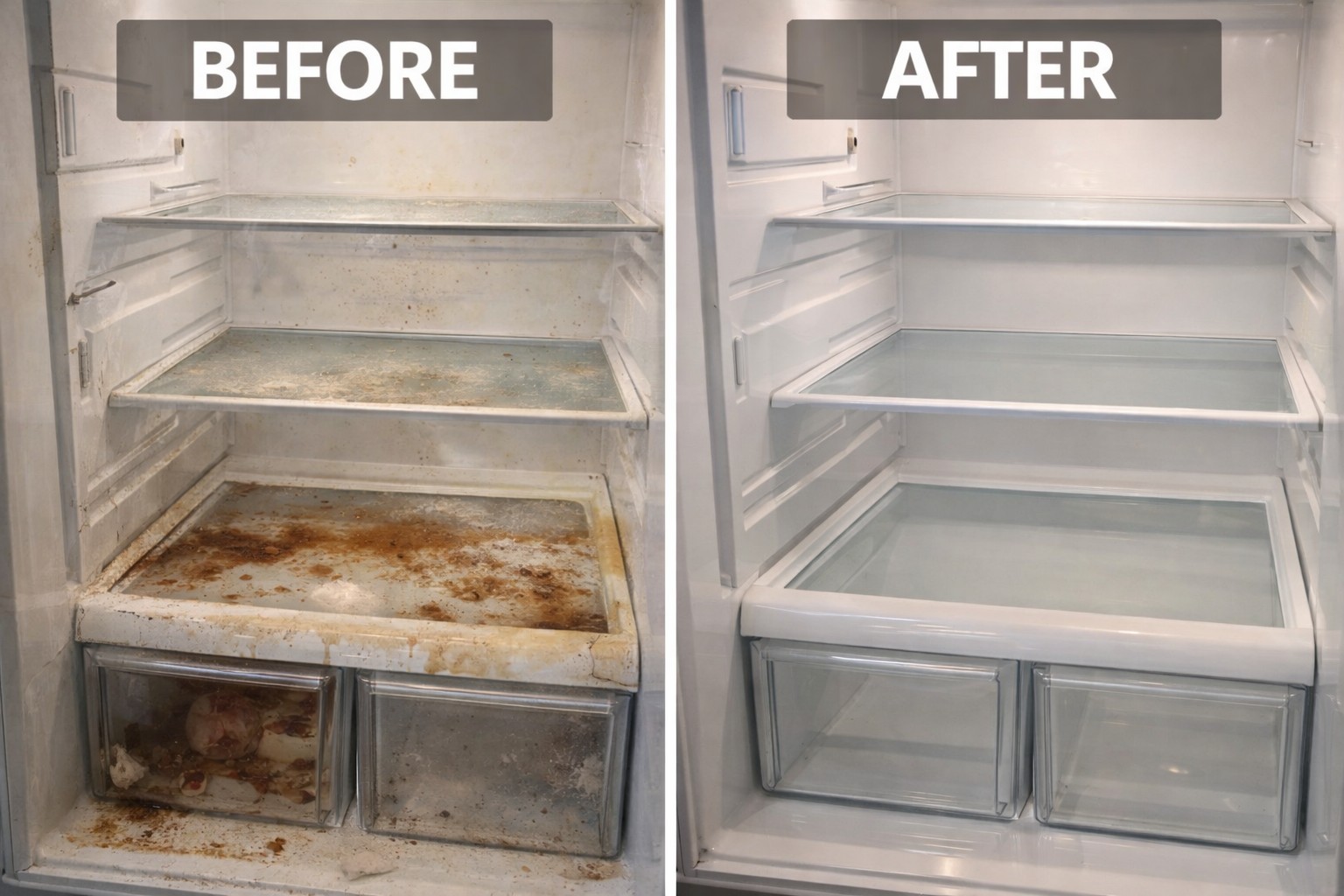 Before and after refrigerator deep cleaning by Neat Freaks Cleaning