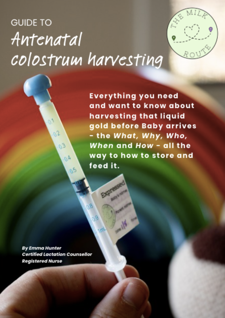 Background is a rainbow, foreground is a syringe filled with milk. Text: 'antenatal colostrum harvesting' Background is a rainbow, foreground is a syringe filled with milk. Text: 'antenatal colostrum harvesting'