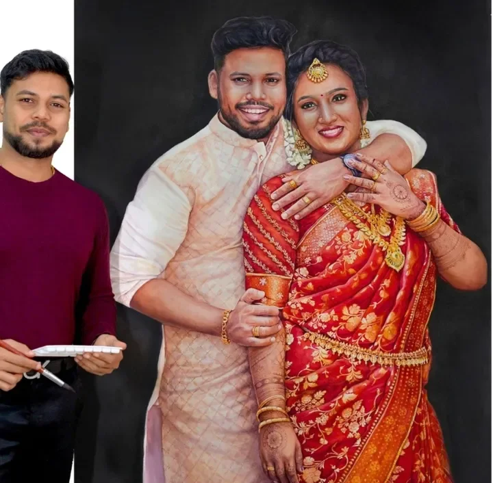 Sachin M S with a finished realistic watercolor painting