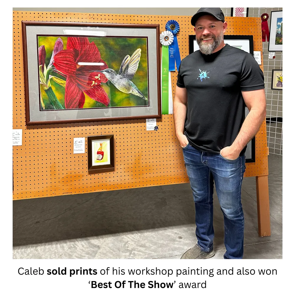 Caleb Grimes beside his award-winning hummingbird watercolor at the Pima County Fair
