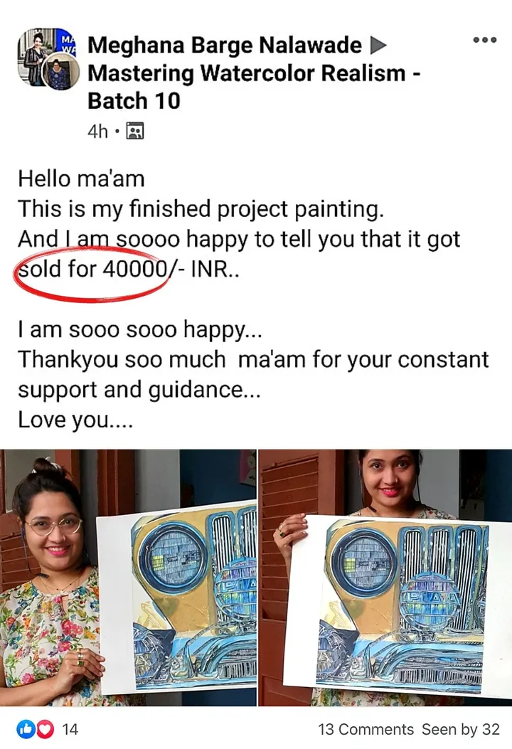 Meghana Nalawade's post telling Meeta that her finished project painting has sold