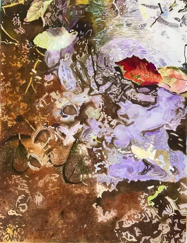 Watercolor painting by Dr. Amrita Gandhi of autumn leaves and reflections in rippling water