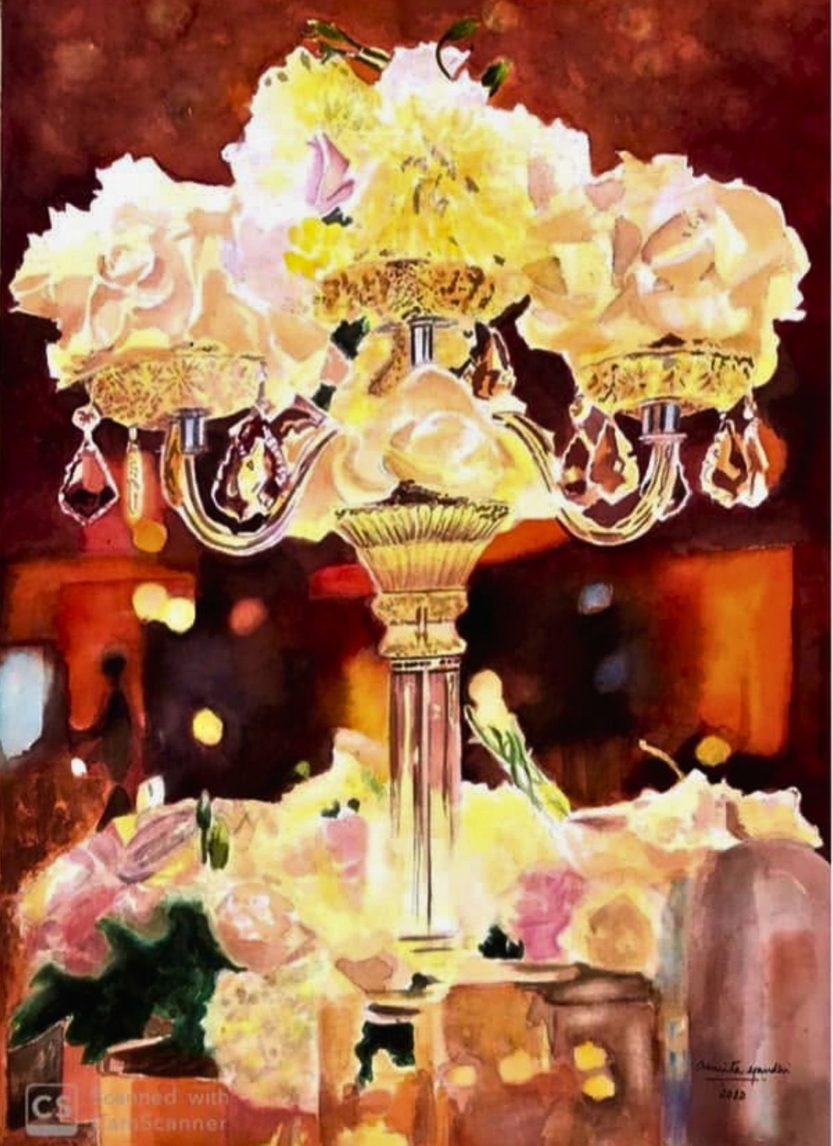 Crystal Bloom, watercolor painting by Dr. Amrita Gandhi of roses on a crystal candelabra