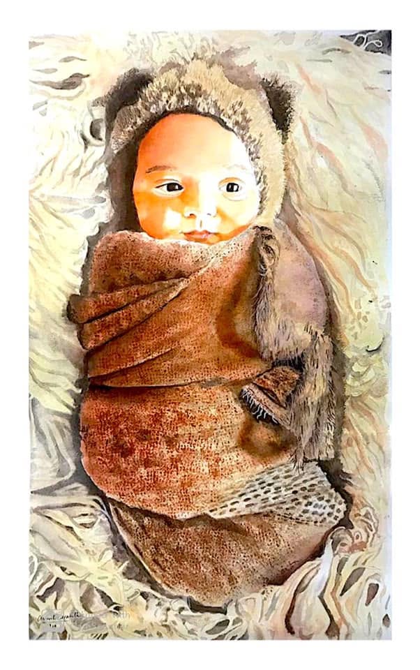 Misha Love, watercolor painting of a swaddled baby by Dr. Amrita Gandhi