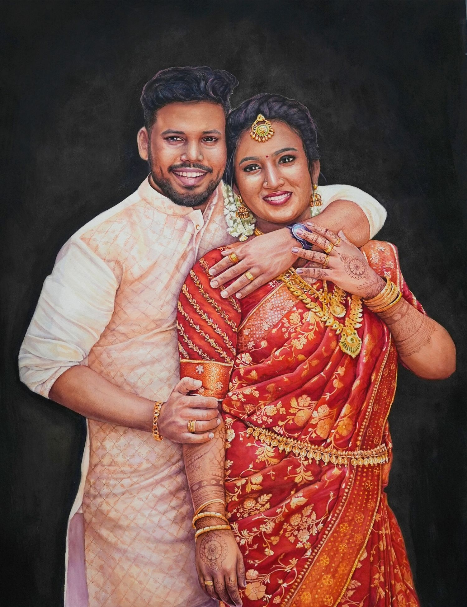 My World, large realistic watercolor painting by Artist Sachin of his wedding photo