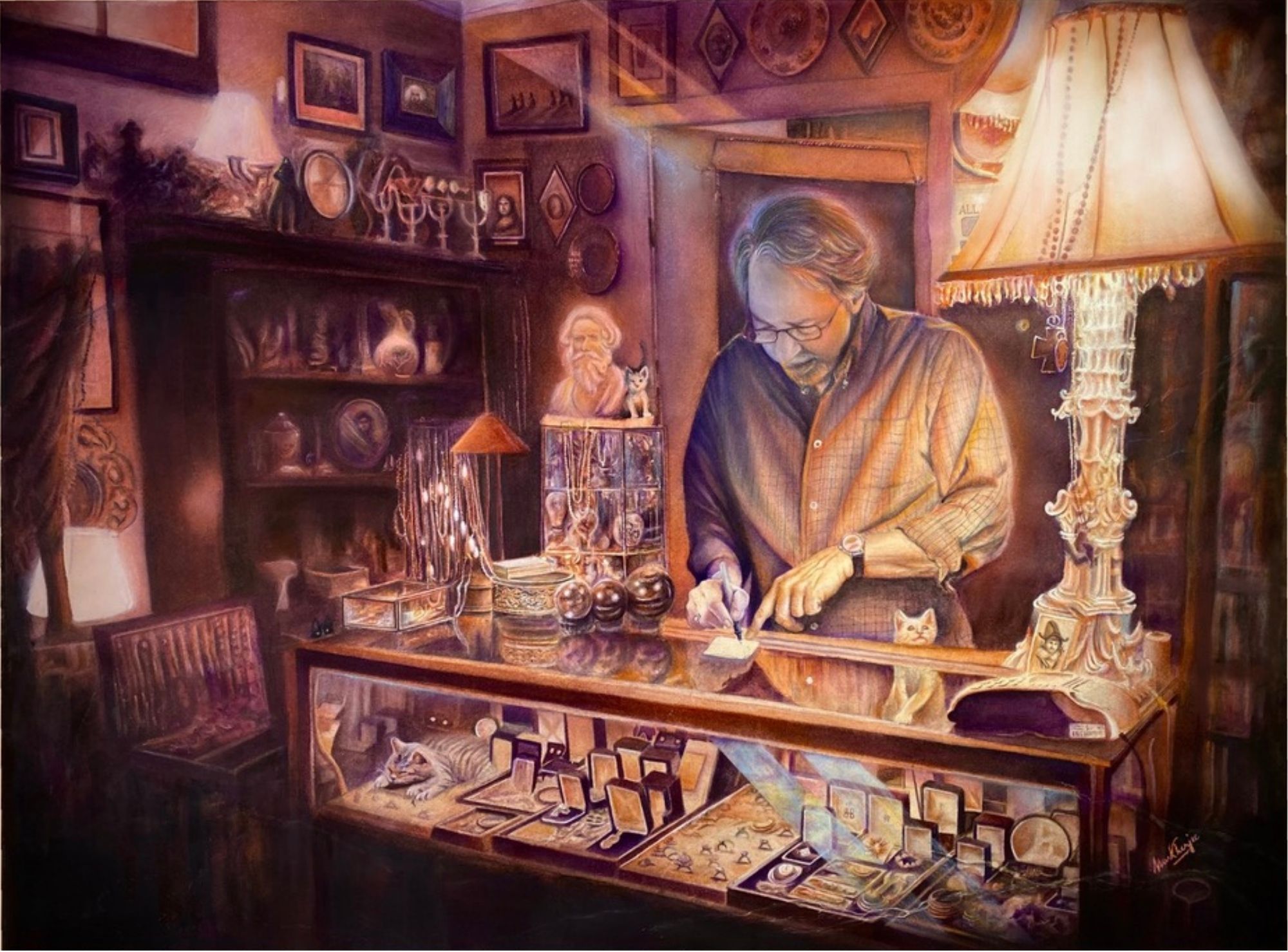 Memorabilia: The Keeper of Small Histories, watercolor painting of a man writing at his shop counter by Madhubanti Mukherjee