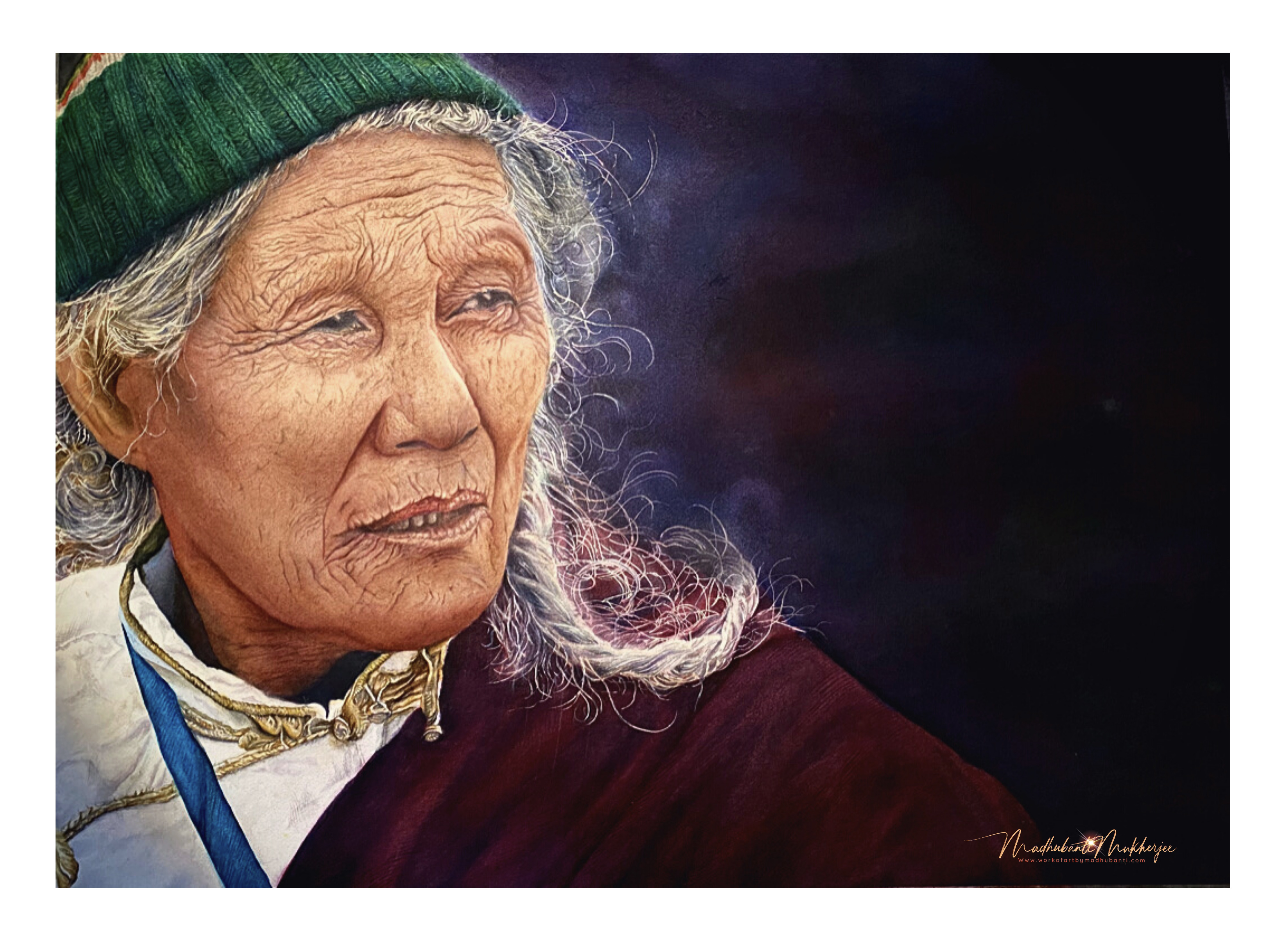 Courage, watercolor portrait of an elderly woman by Madhubanti Mukherjee