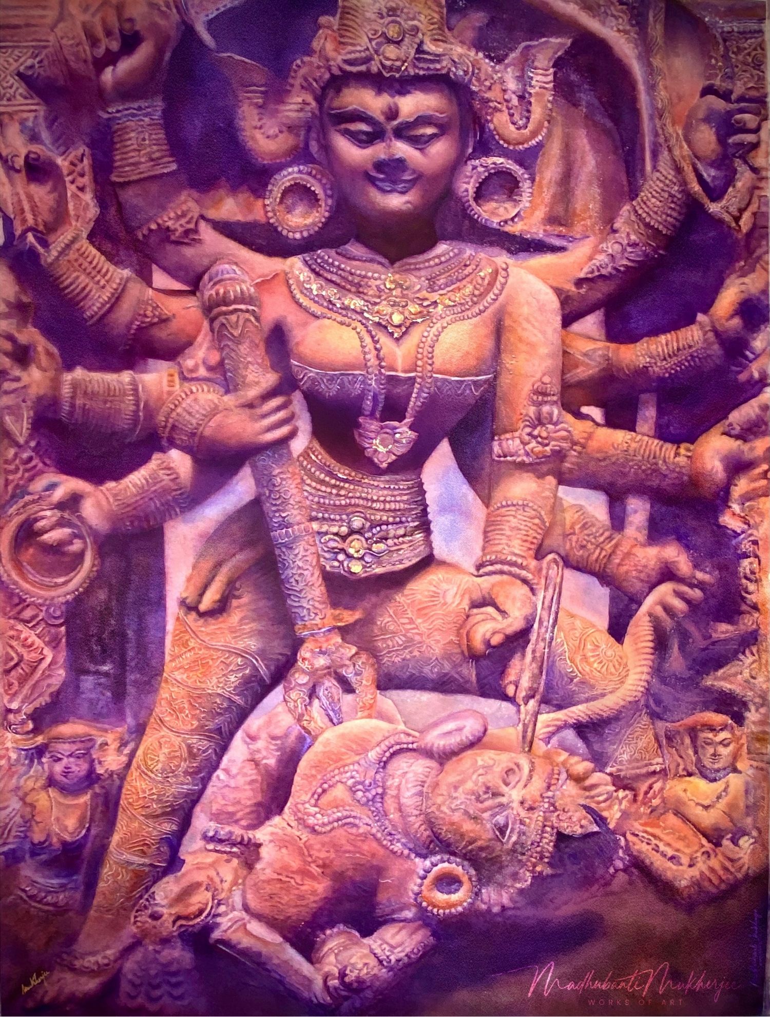Mahishasuramardini, watercolor painting of a carved goddess sculpture by Madhubanti Mukherjee