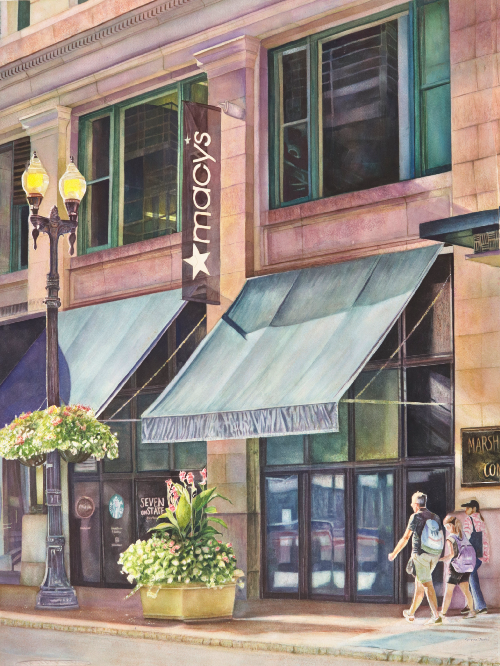 Watercolor painting of a Macy&rsquo;s storefront with green awnings, street lamps and flower baskets, by Prerna Joshi
