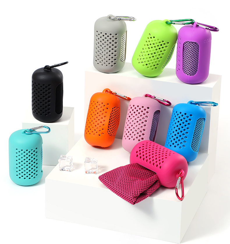 Cooling sports towel in silicone carry case