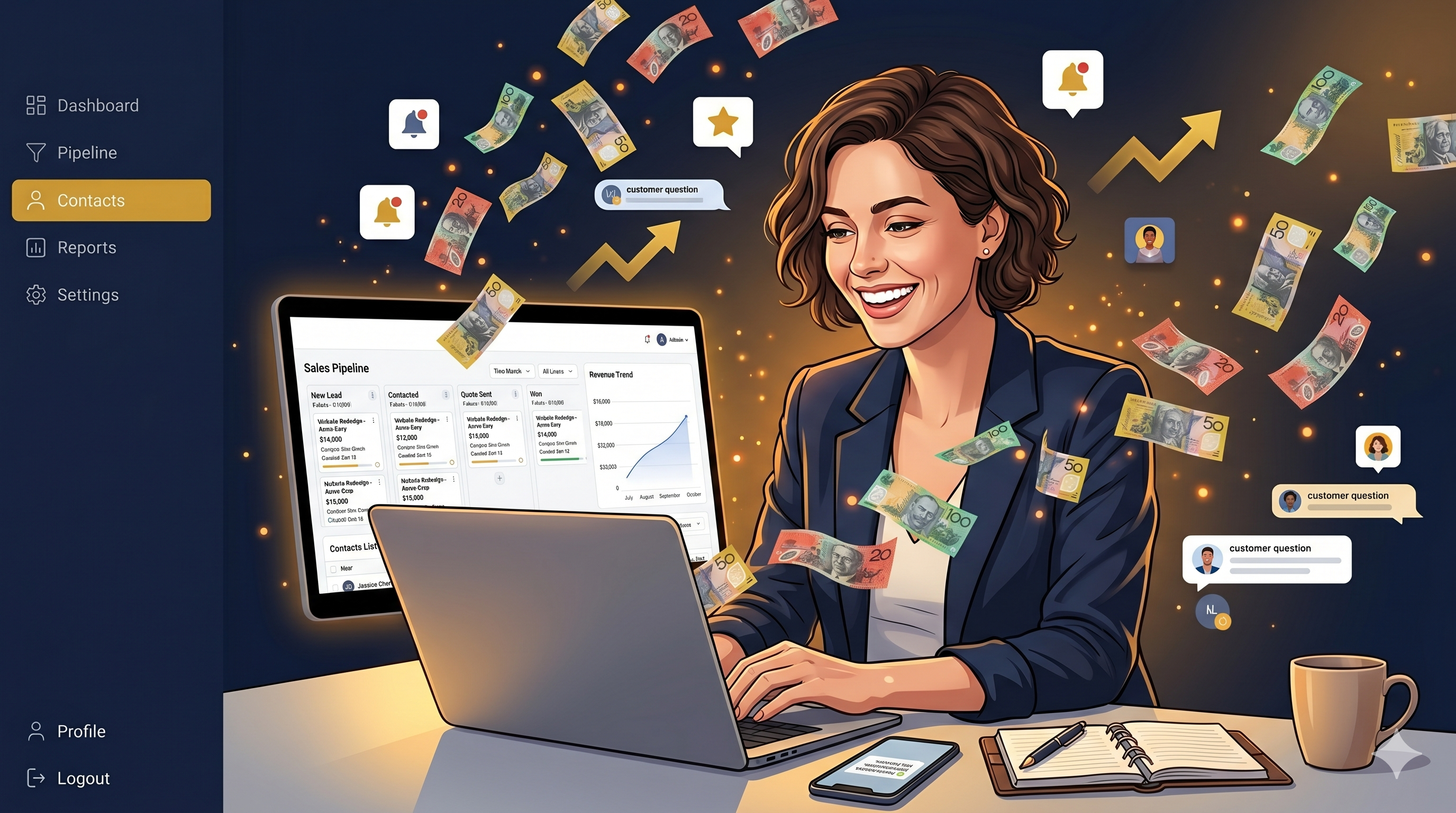 Business owner watching revenue grow on a dashboard