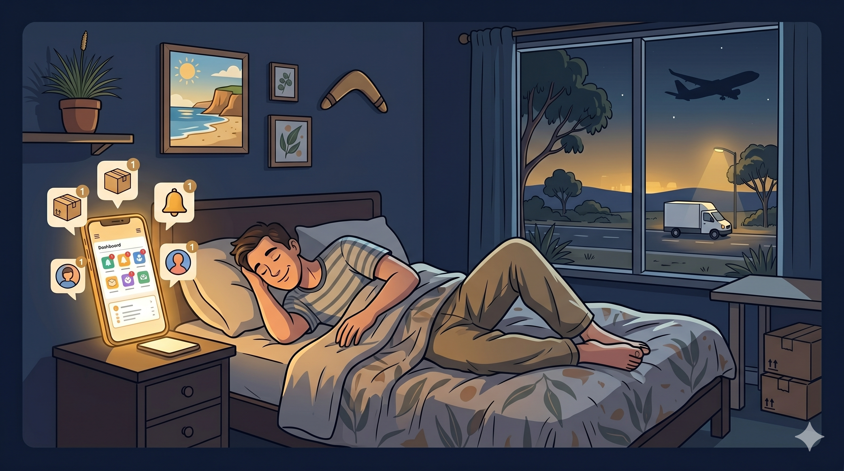 Business owner sleeping while orders process automatically overnight