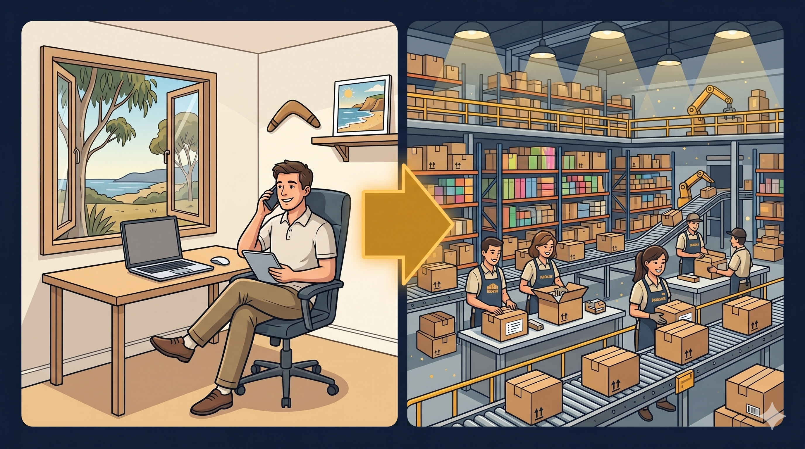 Empty home office on one side, full overseas warehouse on the other