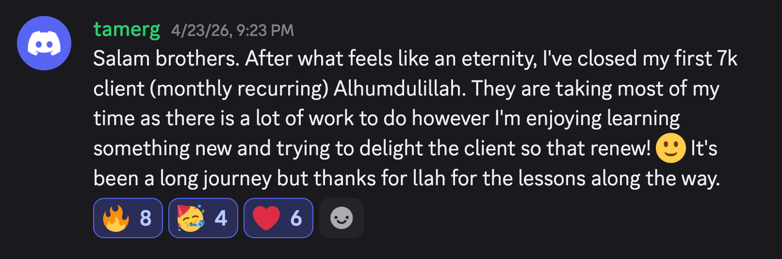 Tamer landed a $7,000 per month recurring client