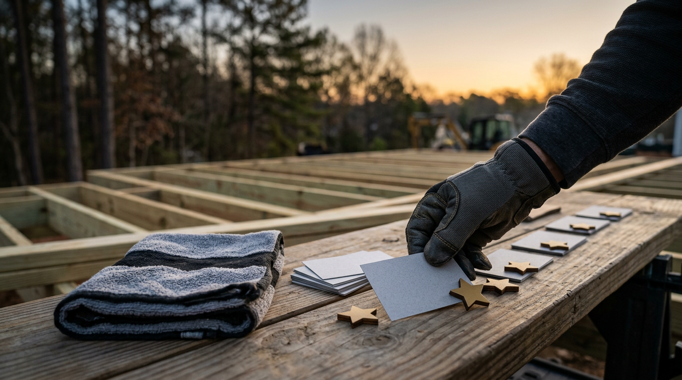 Roofer reviewing storm inspection requests beside a roof plan