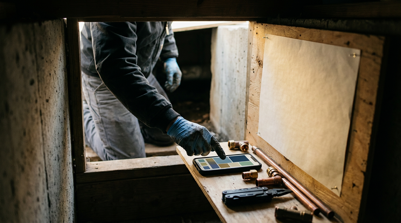 Plumber reviewing an after hours website chat on a phone beside service tools