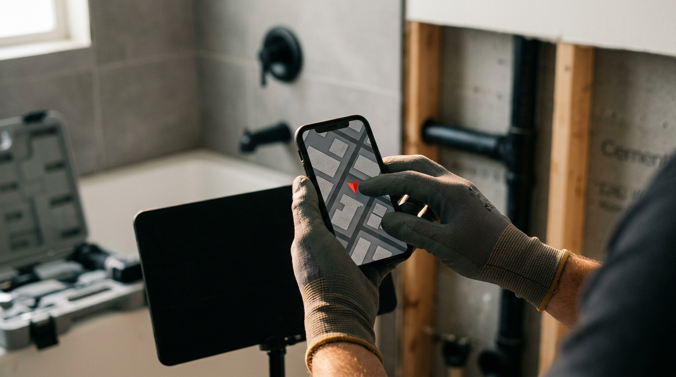 Plumber checking a service area map and phone inquiry beside repair tools