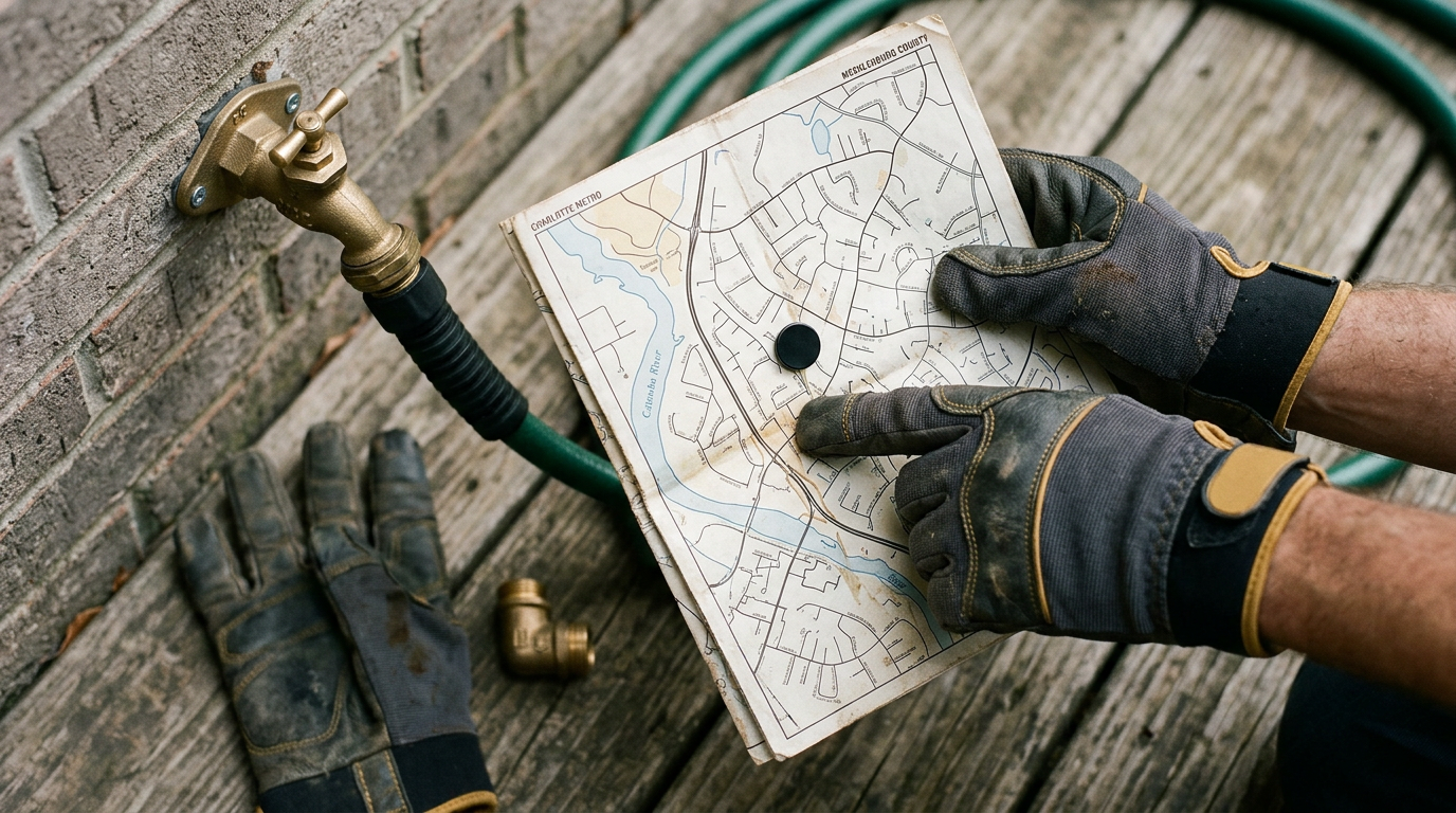 Charlotte plumber reviewing a water heater service page beside a tool bag and work order