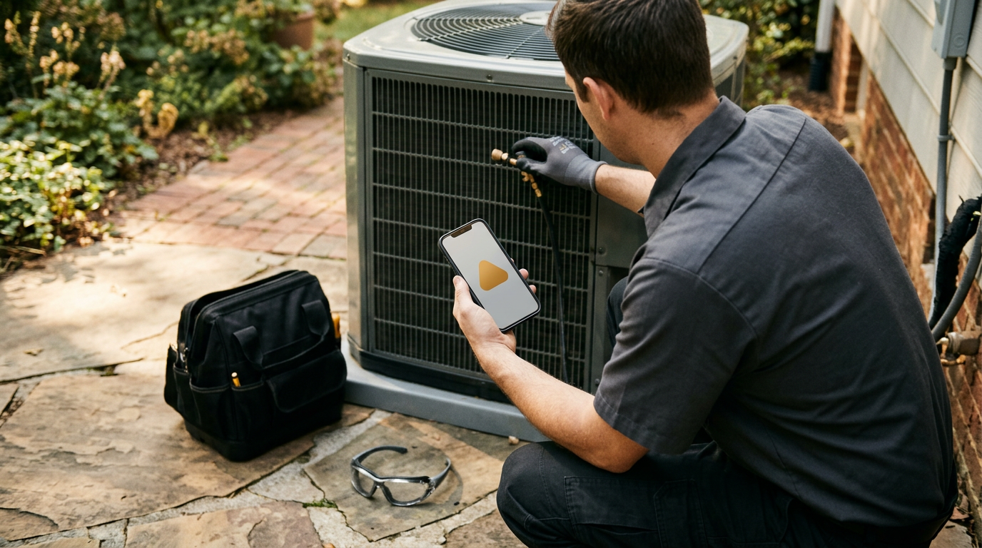 HVAC owner checking a customer request on a phone after a service call