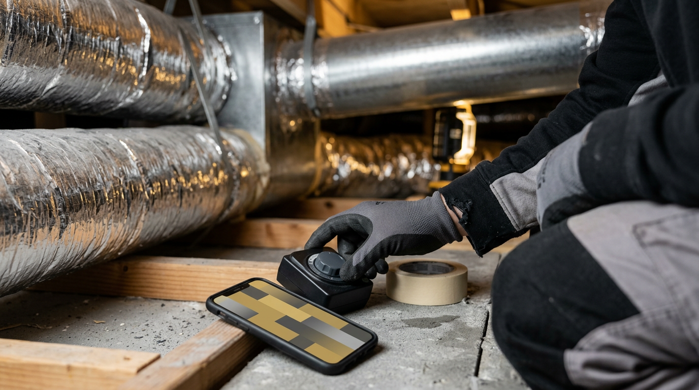 HVAC owner testing a service request page on a phone beside a work van