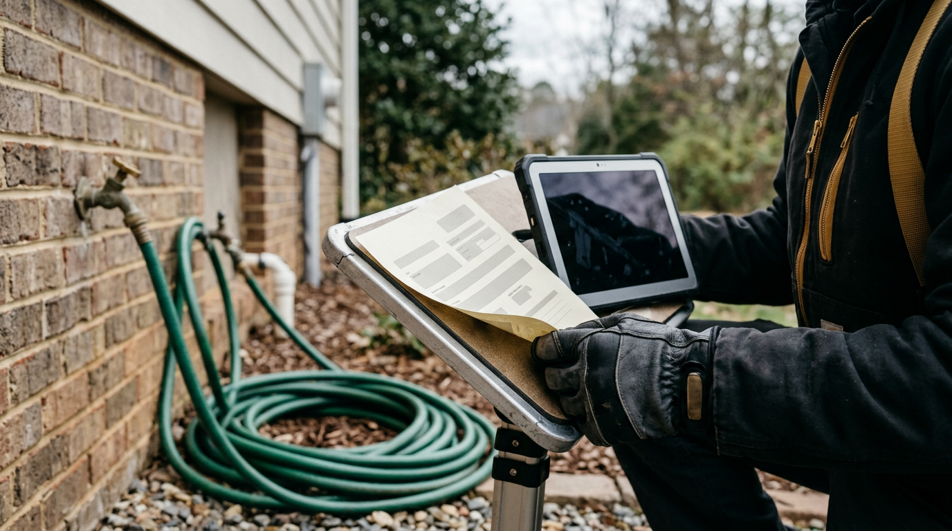 Plumber reviewing a water heater service page between calls in Huntersville